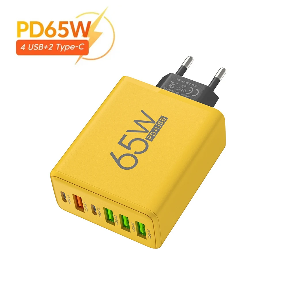 HYTO 65W Fast Charging USB Type C Adapter 6 ports PD EU/US Portable Wall Phone Charger for iphone13 14 15 Xiaomi Huawei Samsung