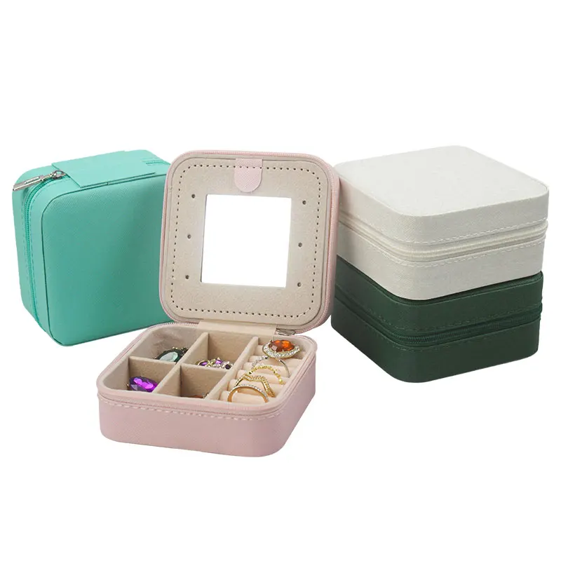 Multi-grid Jewelry Storage Box PU Leather Travel Earrings Necklace Storage Box Portable Jewelry Case With Mirror