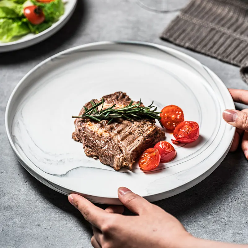 Ceramic marble round flat plates and dishes serving plato pasta plate for restaurants and bars