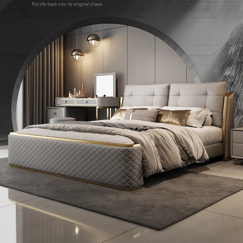 HYC-M105 Brown leather luxury bedroom furniture queen size master wooden beds