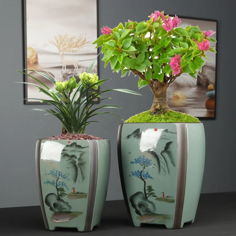 8.6/10 inch Hand Painted Retro High Quality Ceramic Yixing Bonsai Pot Celadon Square Old Pile Purple Clay Flower Pot