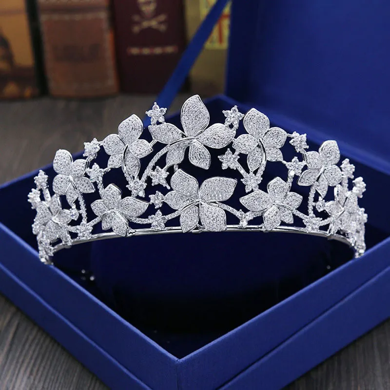 SLBRIDAL сверкающие Высший сорт кубический циркон цветок Свадебная Тиара CZ свадебные», «Queen», «Princess», «конкурс Королевский вечерние Корона