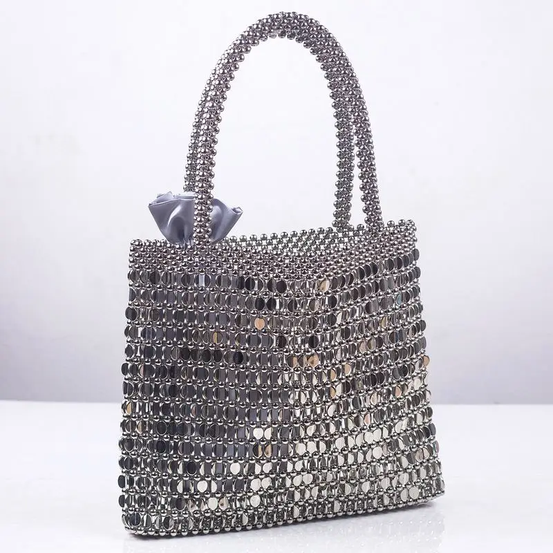 Wholesale Factory Silver Color  Bling Metallic Bead Criss-Cross Weave Square Shape Women Evening Bag Purse Handbag