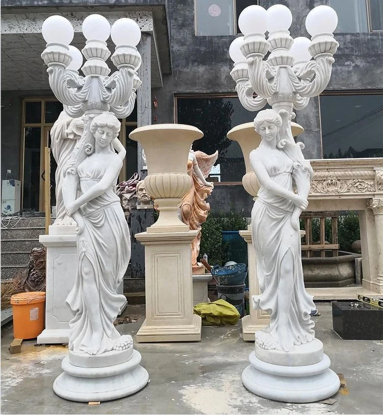 lifesize marble women lady light sculptures statue with lamp light on the head