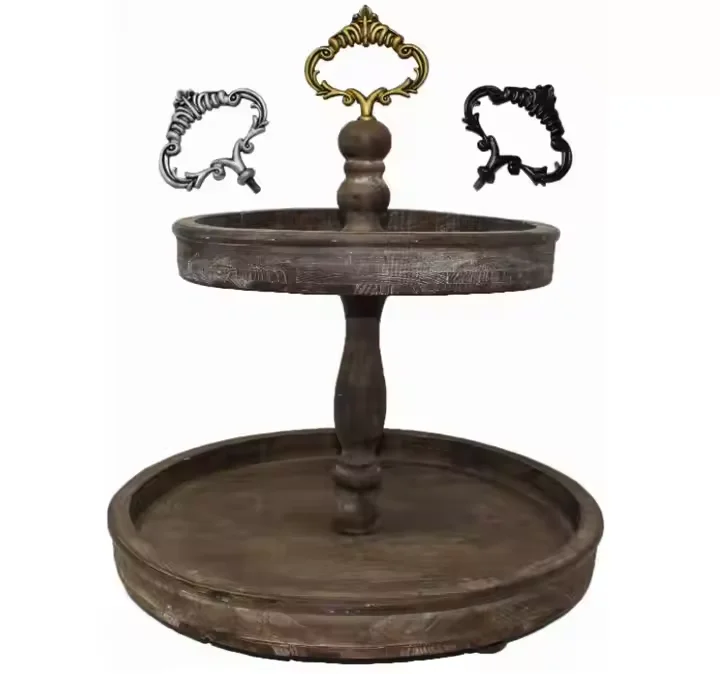 2 Tiers Bamboo Wooden Stunning Coffee Table Serving Tray or Rustic Cupcake Stand With 3 Changeable Handles For Home Decoration