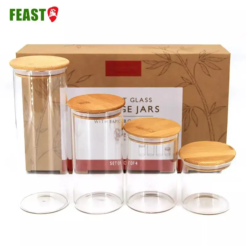 customized kitchen storage spaghetti flour biscuits clear glass food jar with bamboo lid