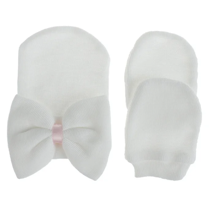 Newborn hospital knitted beanie hat mitten hand set 2 pcs sets baby newborn hat with bow