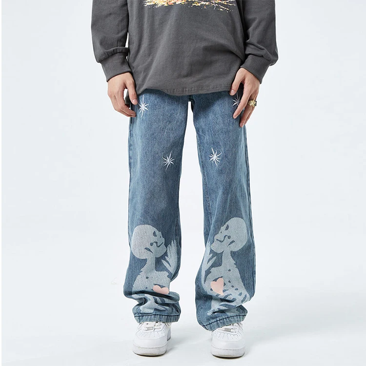 Factory wholesale casual mens jeans custom brand wide leg plus size denim pants skeleton printing baggy jeans men