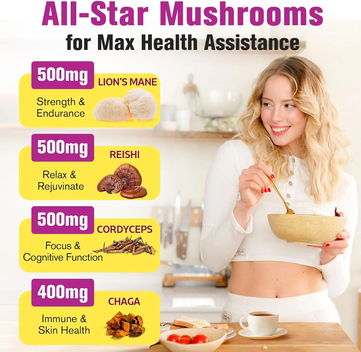 Mushroom Powder 5000mg for Mushroom Coffee Lions Mane, Reishi, Cordyceps Chaga, Turkey Tail & Herbs Complex for Immunity, Energy