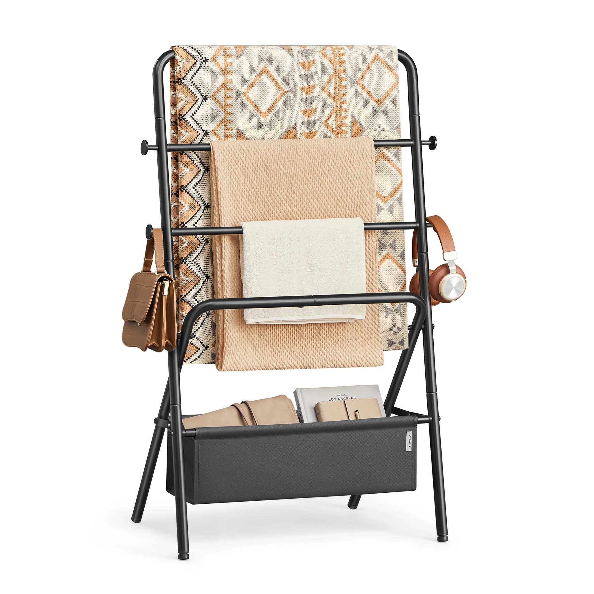VASAGLE Easy to Assemble Freestanding Tower Holder Blanket Rack  blanket ladder with  basket 4-layer towel rack