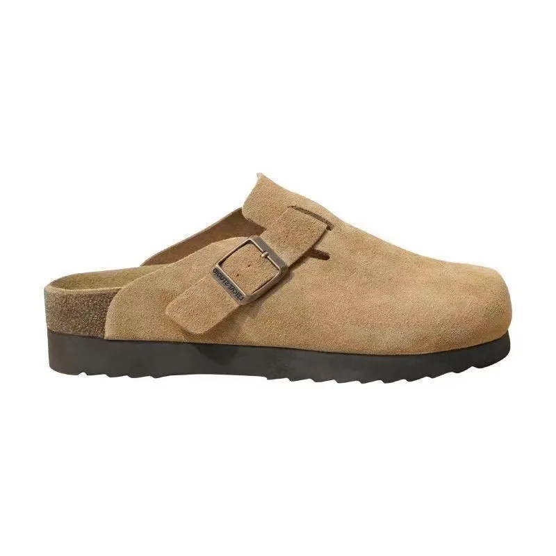 Faux Suede Flat Slippers Women Autumn Vintage Close Toe Mules Shoes Woman Soft Sole Cork Slides Outdoor Slippers Women Shoes