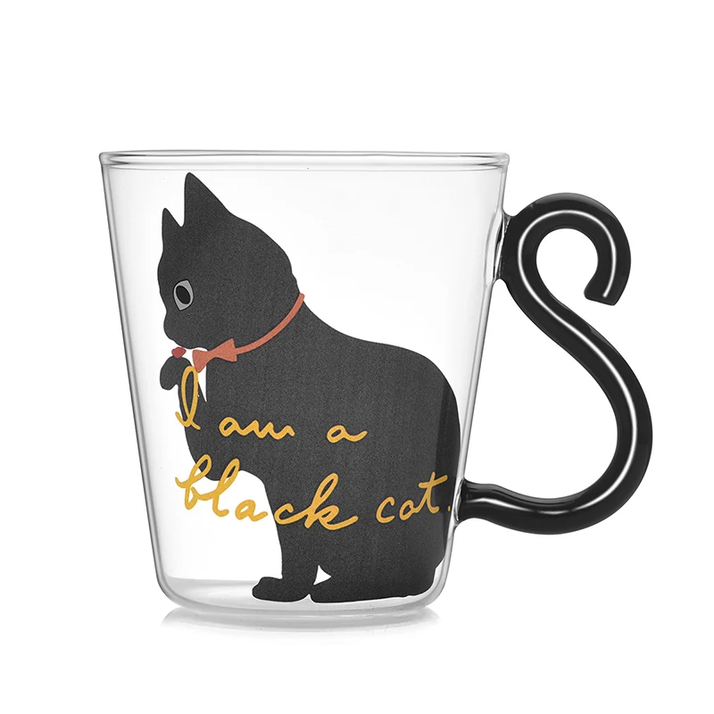 Cute 250ml Glass Mug with Cat Tail Handle Nihonn Japanese Style Cartoon Cat Design for Home Gift Accessory for Kids Students