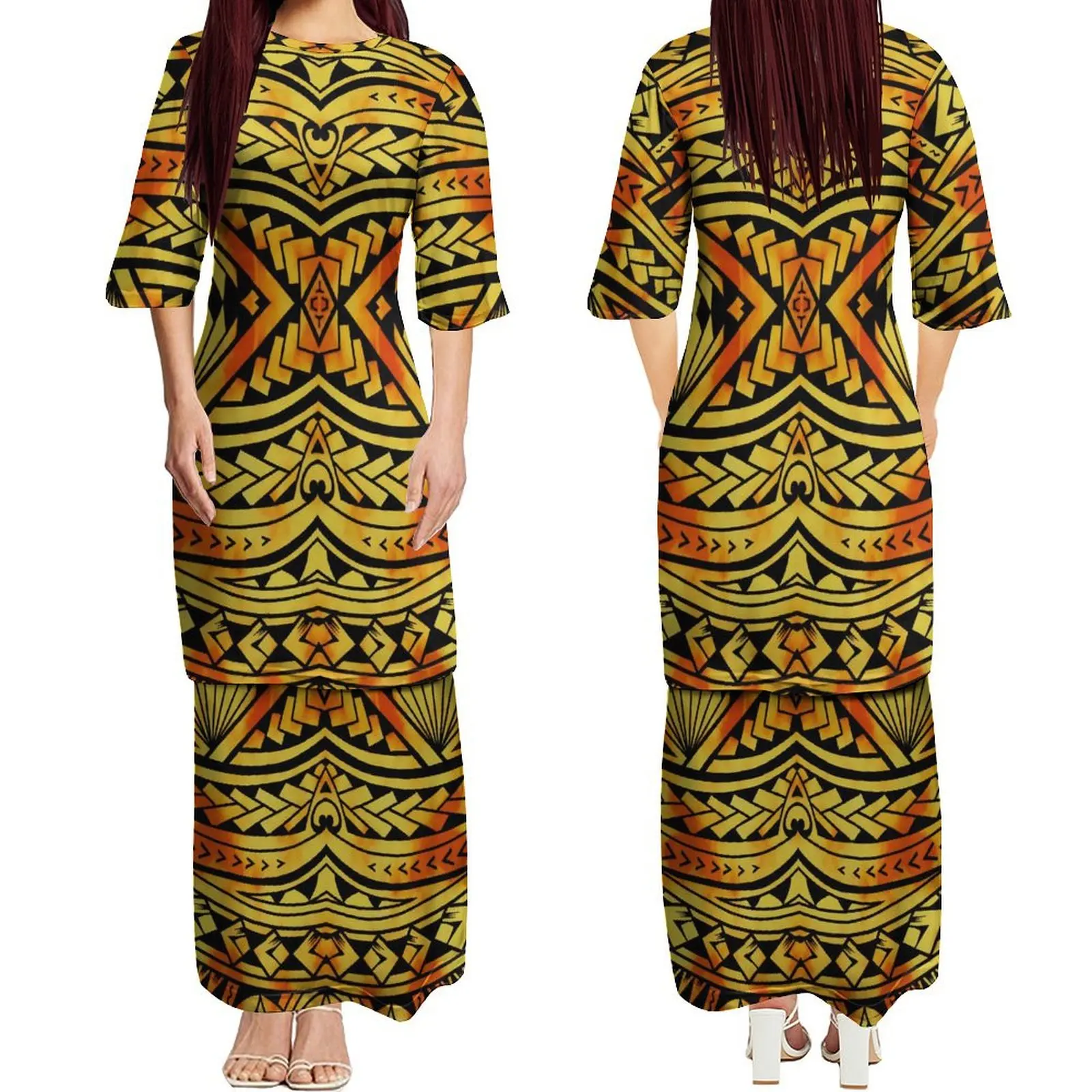 Drop Shipping Polynesian Round Neck Samoa Puletasi Ptaha Puletaha Samoan Dress Plus Size Long Maxi Two Piece Skirt Set Dresses