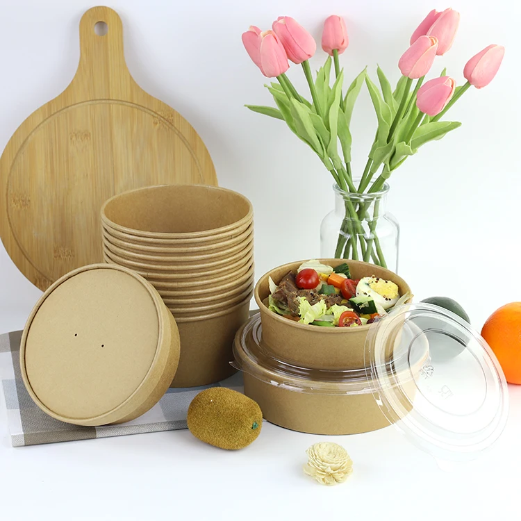 Disposable food container brown kraft paper poke bowl soup salad bowl with lid can be customized