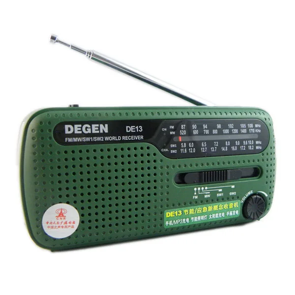 DEGEN DE13 Hand-Crank Dynamo Solar Emergency FM MW SW World Radio Receiver