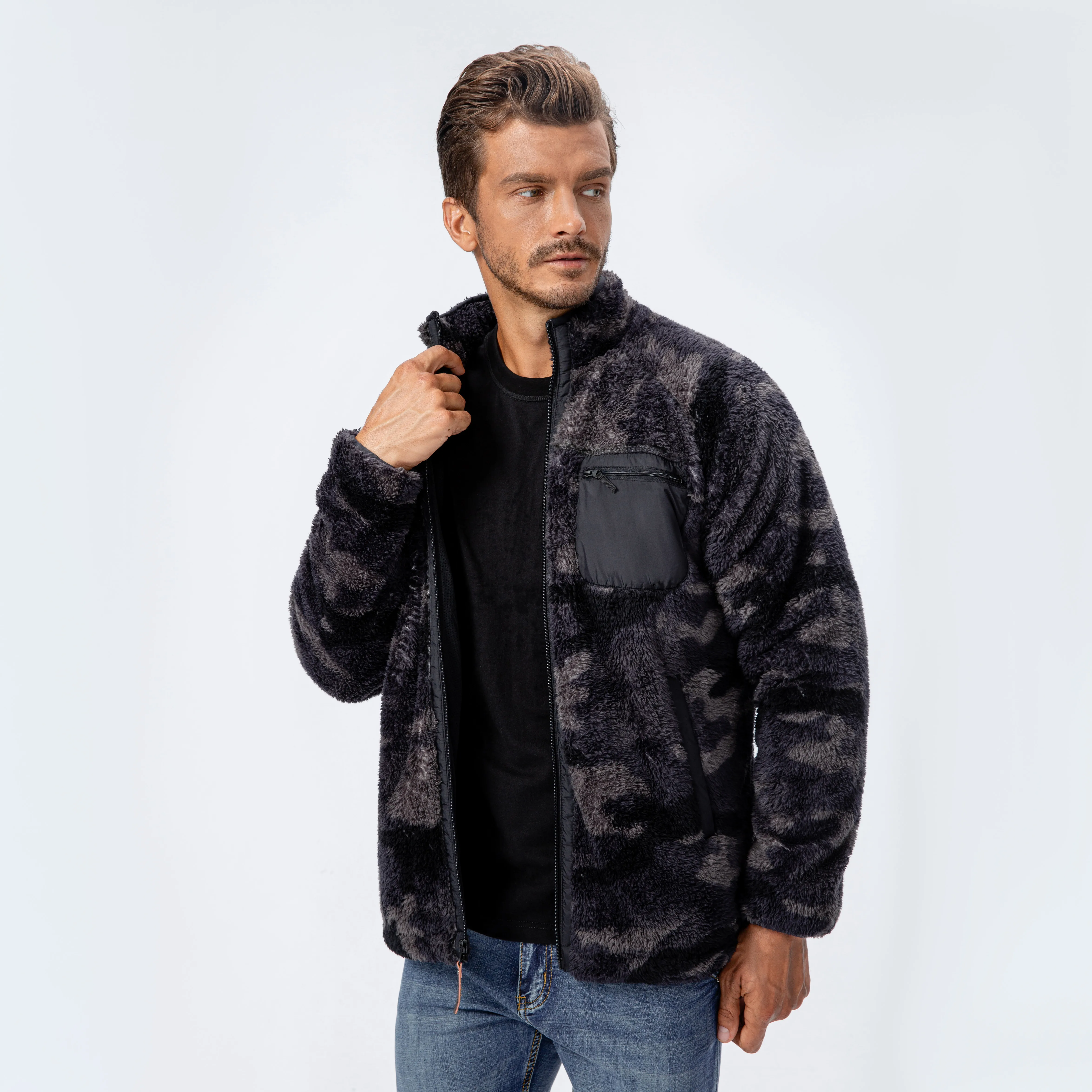 Custom men berber fleece sherpa jacket with colorblock front pocket