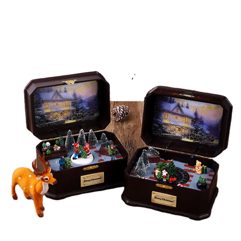 Xmas Gift Shelf Decor High Quality Hot Selling Birthday Christmas Gift Hand Made Wooden Music Box With Light Gift For Her Kids