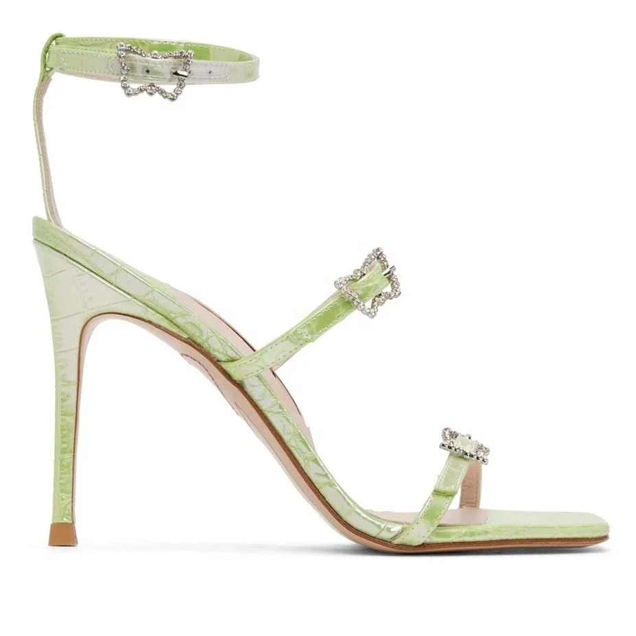 Anmairon Custom Women Heeled Sandals Green Leather Open Toe Open Heel Ladies Sexy Crystal Sandals