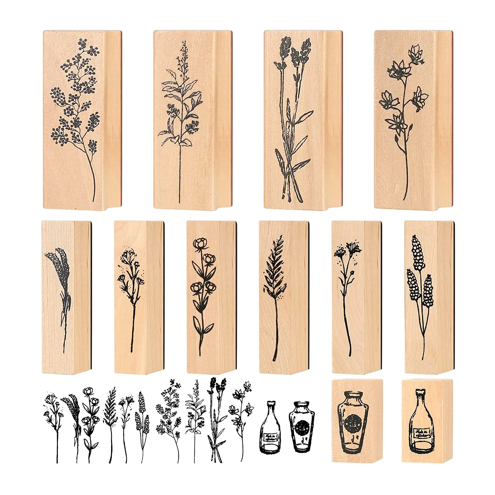 Vintage Wooden Rubber Stamps Sets Plant and Flower Decorative Rubber Wooden Stamps for Card Making, DIY Craft, Scrapbooking
