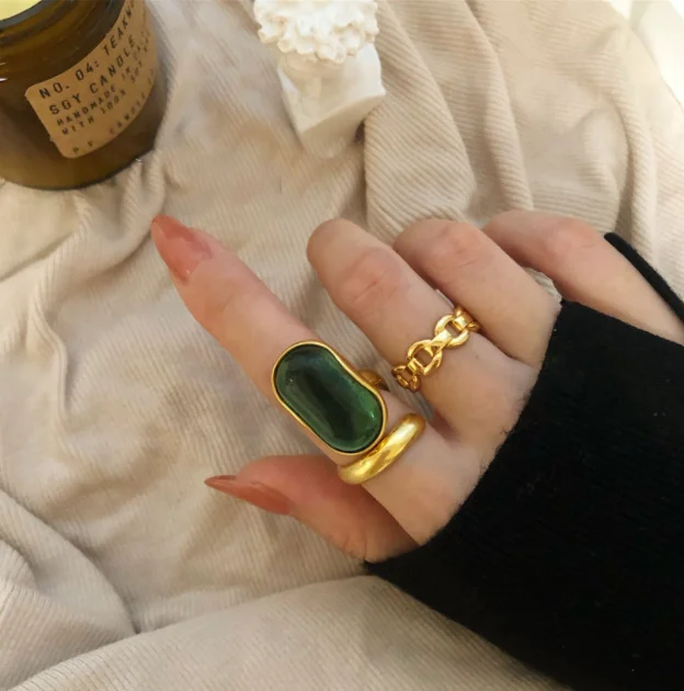 925 silver-plated French old retro designer emerald 2pcs set  ring