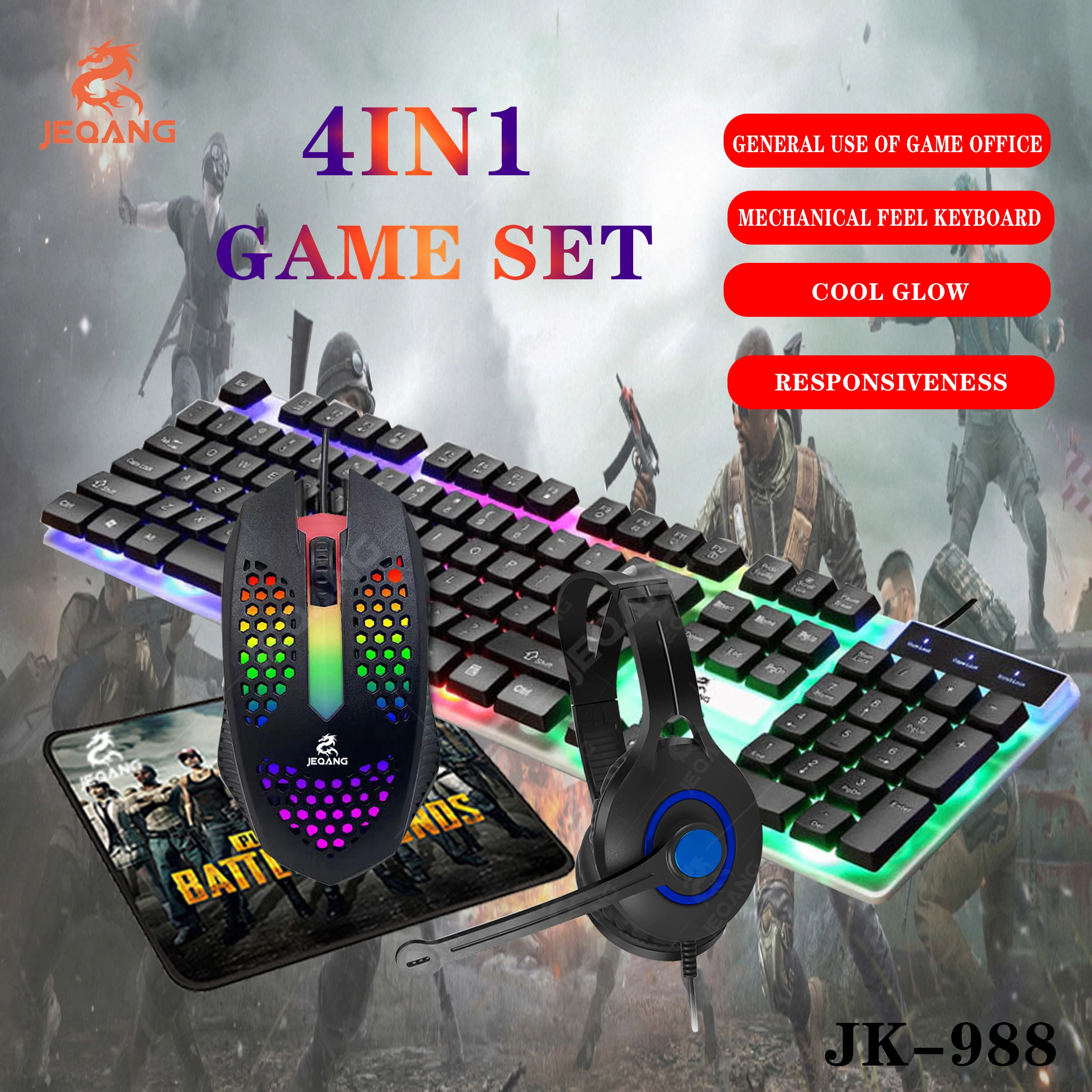 JEQANG JM-988 Hot Wholesale Backlit Keyboard 4 IN 1 Gamng Keyboard Mouse And Pad Wireless Combo For Mac Laptop Computer Parts