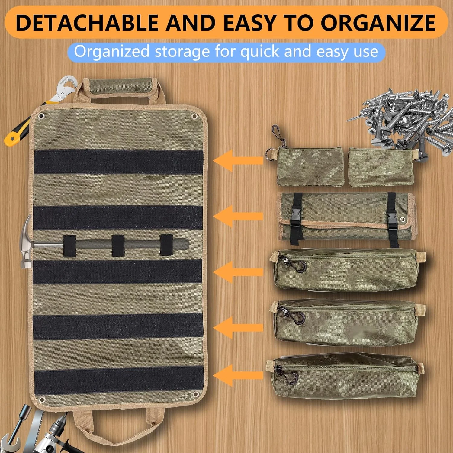 Large Detachable 3-Pouch Electrician Heavy Duty Organizer 14-Pocket Wrench Tool Roll Bag & 2 Small Storage Bags Gift Men/Dad/Him