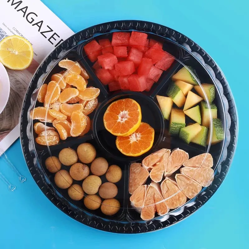 1000g Disposable Round Plastic Salad Container with 6 Compartments Vegetable Packaging for Take Away Fruit Food Storage