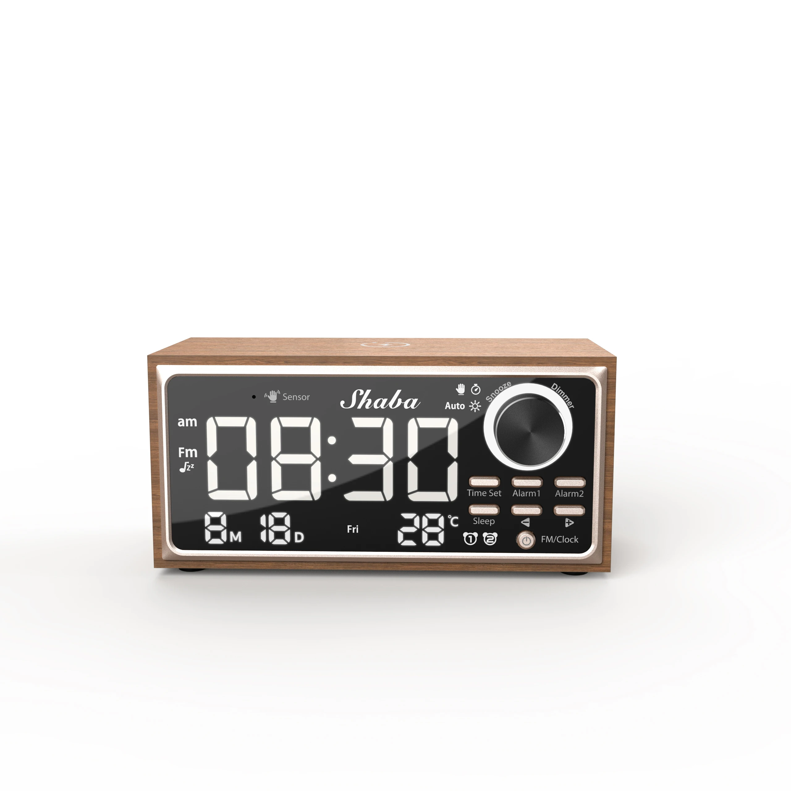 shaba 2024 latest Wake to Radio or Buzzer Alarm Sleep Snooze Function USB output wireless charger FM Radio Alarm wood Clock