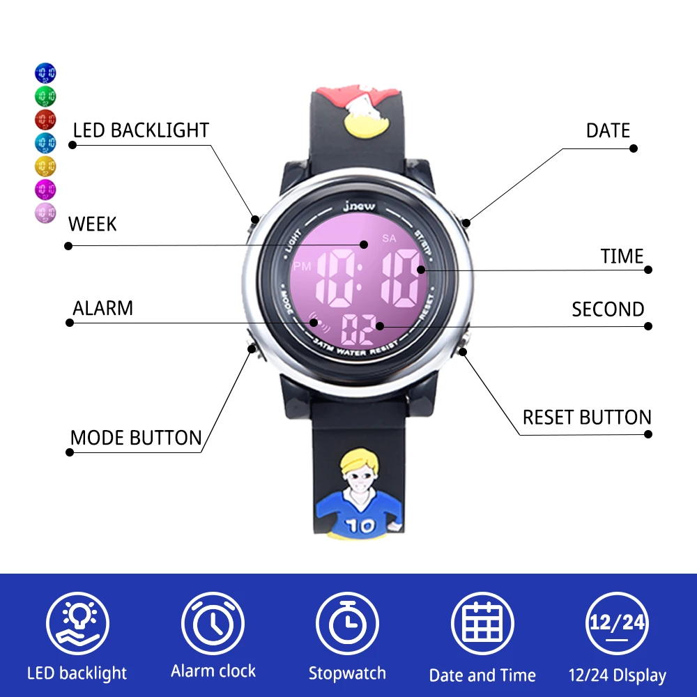 JNEW 3D cartoon 7 color LED pc girl kids girl watch gift set cheap kids digital watches digital watch for kids