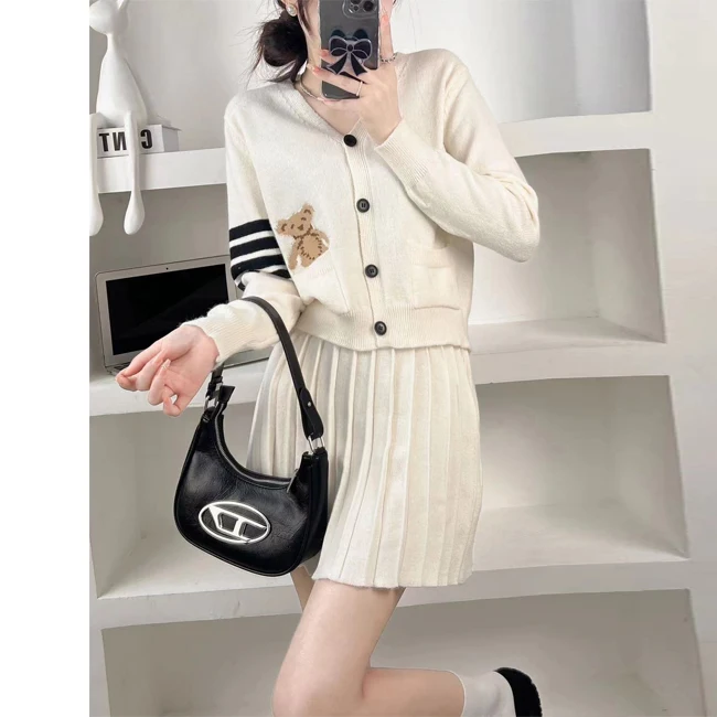High School girls v neck short bear cardigan and mini skirt uniform twin set