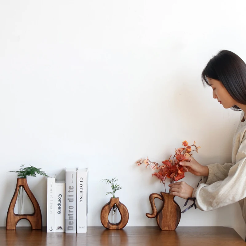 Shengqu handmade wooden decorative flower glass test tube vase for home decor