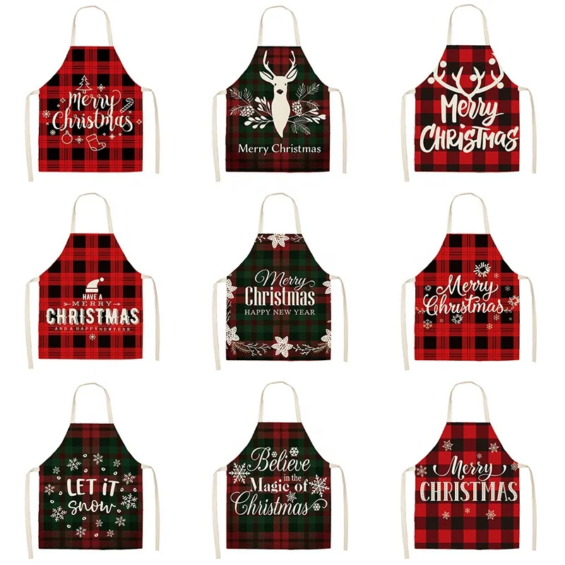 Sublimation Custom Long Apron Merry Christmas Linen Material Cooking Apron Christmas Design Unisex Aprons Kitchen Promotion