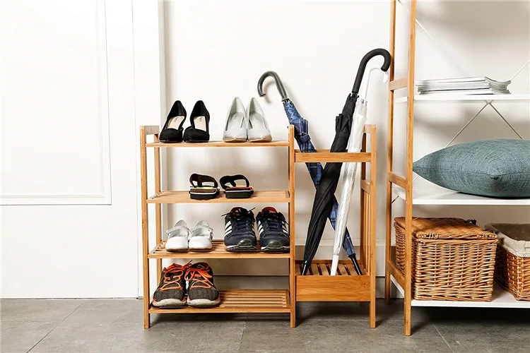 Entryway Over Door Standing 4-Tier Storage Waterproof Bamboo Wooden Shoe Rack Organizer With Umbrella Holder
