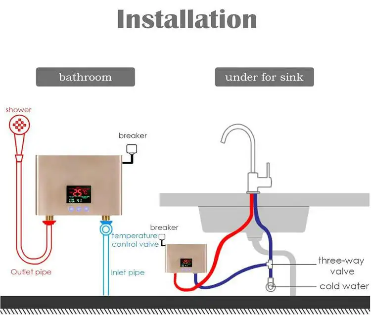 3000W LED Display Tankless Hot Water Heater Electric with Remote Control Instant for Home Kitchen Bathroom