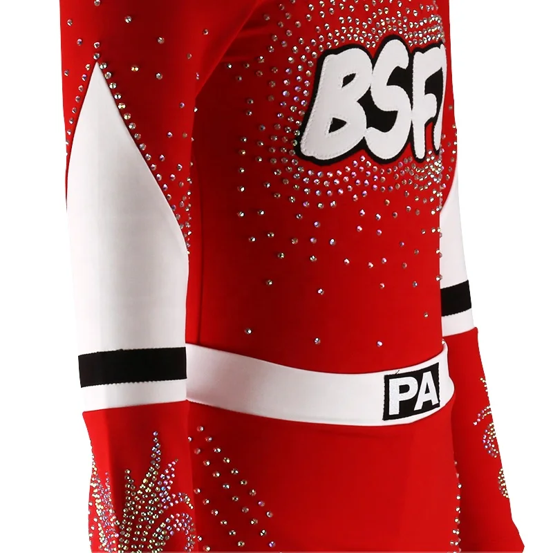 Wholesale Red High Quality Kids All Star Custom Rhinestone Cheerleading Uniforms With AB Crystal Cheer Practice Wear