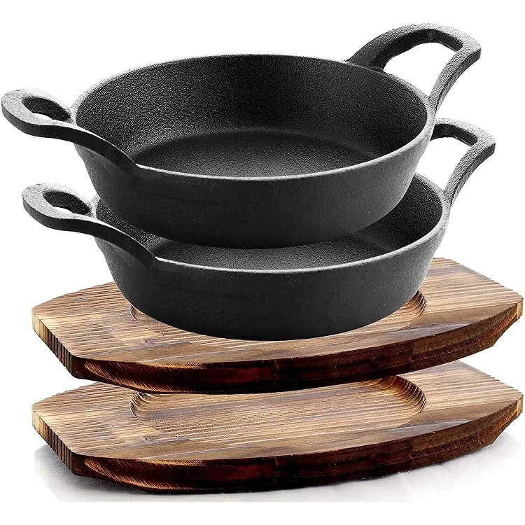 Metal Rectangular Cast-Iron Hot Sizzler Pan Cast Iron Serving Pan With Wooden Base