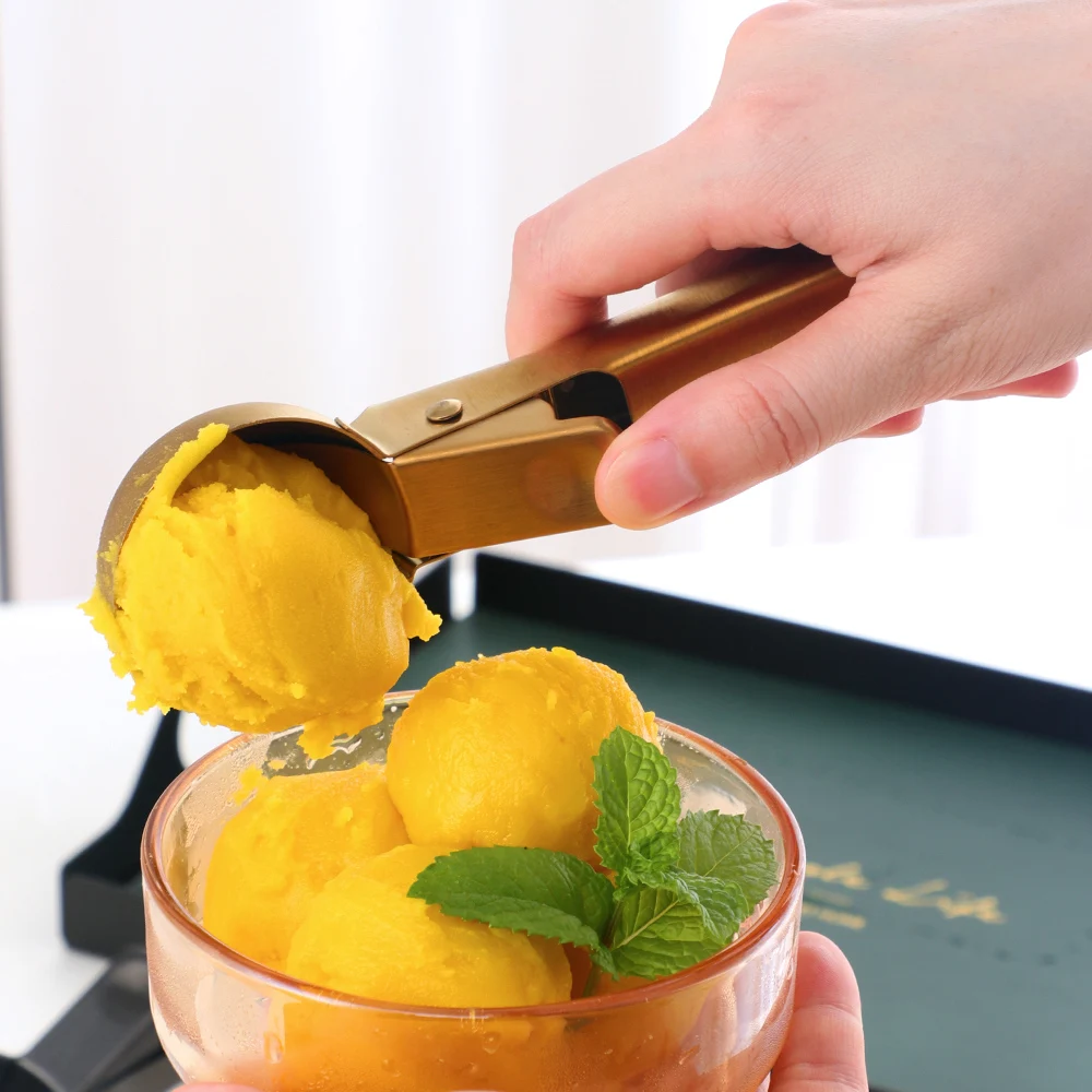 High quality kitchen accessories ice bucket tools Stainless steel snowball potato ice cream spoon Scoop with Trigger