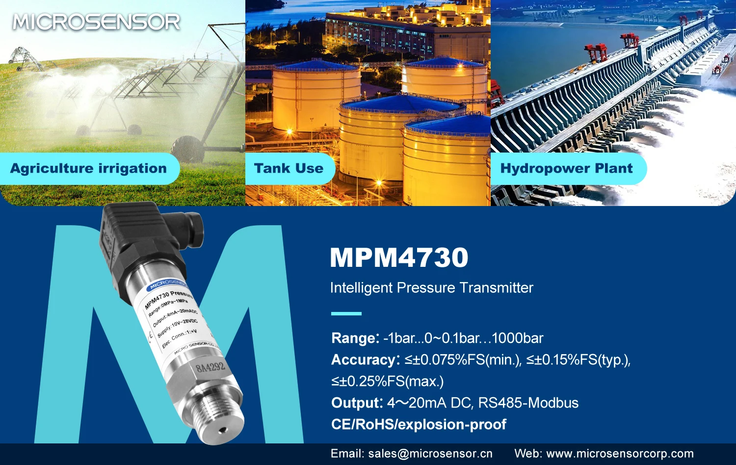 MicroSensor MPM4730 Digital HART RS485 Piezoresistive Pressure Transducer for Water Oil Liquid