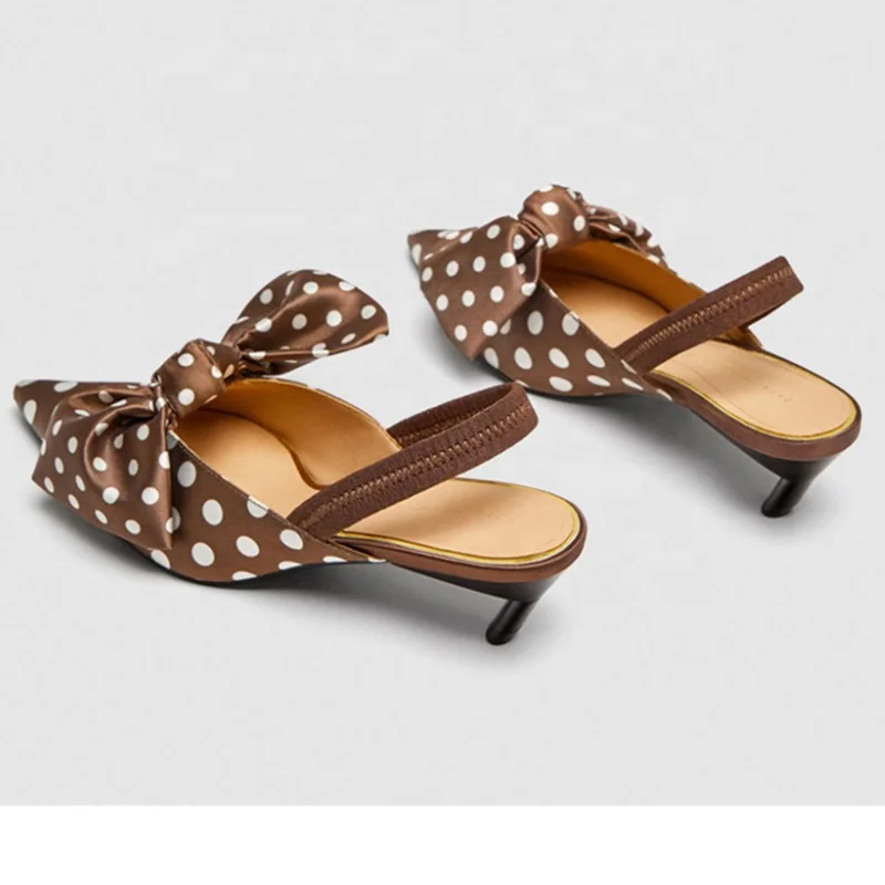 chengdu shoes  Summer Polka Dot Women Sandals Bowtie Kitten Heel Women Mules Pointed Toe Slingback High Heels Sandal Women Pumps