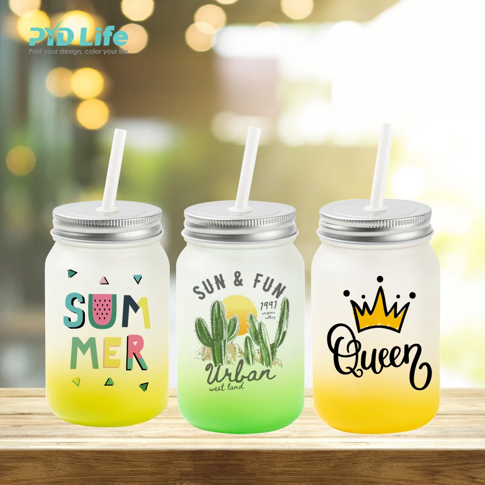 2022 PYD Life Summer 15oz 450 ml Custom Mixed Gradient Colors Sublimation Mason Glass Jar with Lid Straw
