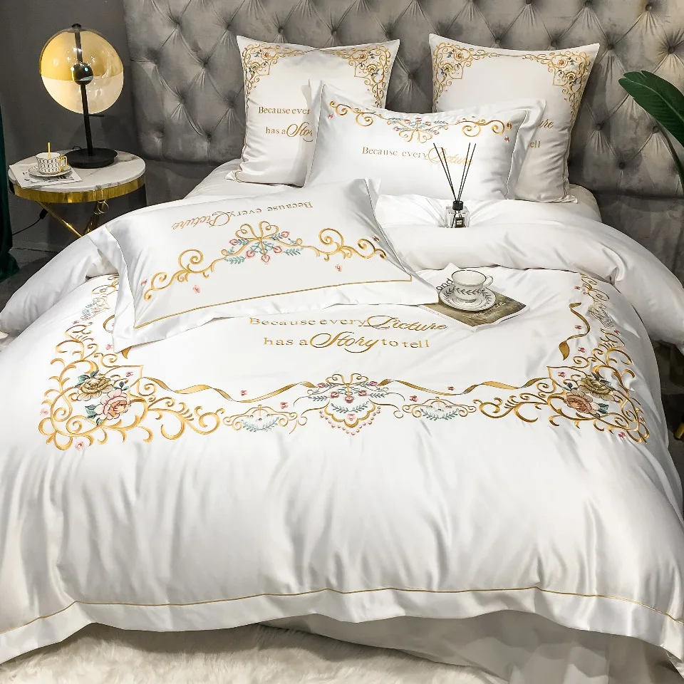 High-end Luxury European-style Pure Cotton Silk Embroidered Cotton Bedsheet Comforter Cover Bed Skirt 4pcs Bedding Set