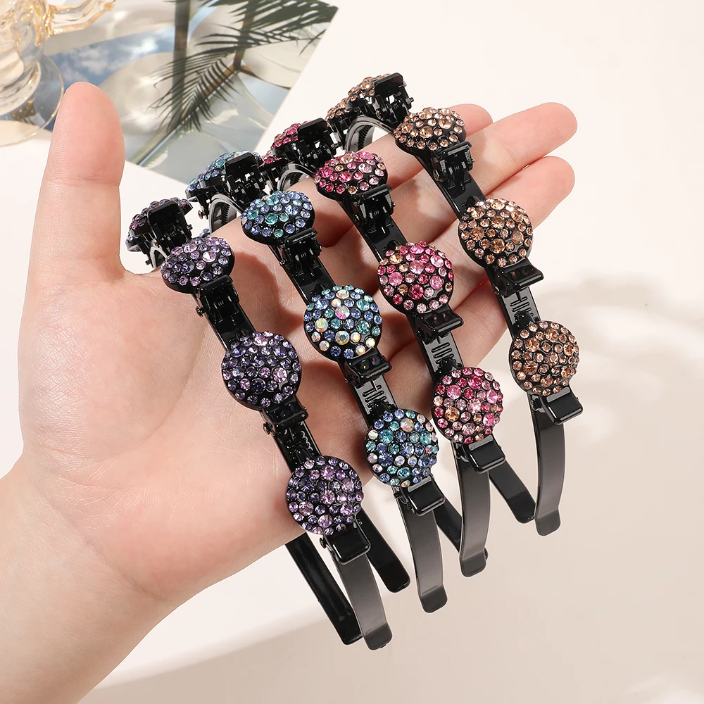 Crystal Hair Band Women Hairpin Double Layer Twist Plait Headband with Clips Hollow Woven Headband Hair Accessories