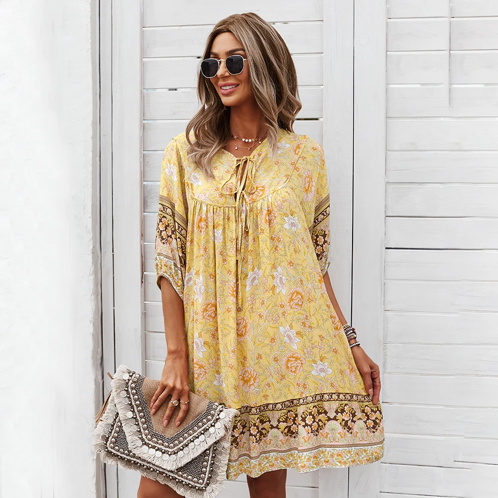 Custom Print Bohemian Dress Wholesale Dresses Women Floral Dress Boho Style