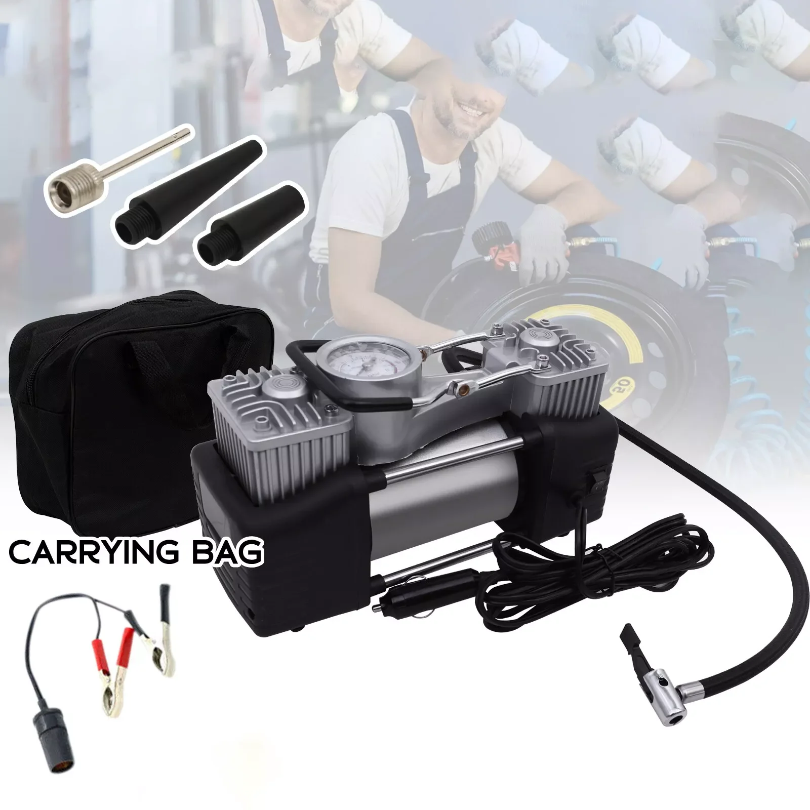 Double Cylinder DC 12V Vehicle Mounted Emergency Maintenance Car Double Cylinder Tire Inflators Tire Vehicle Tool