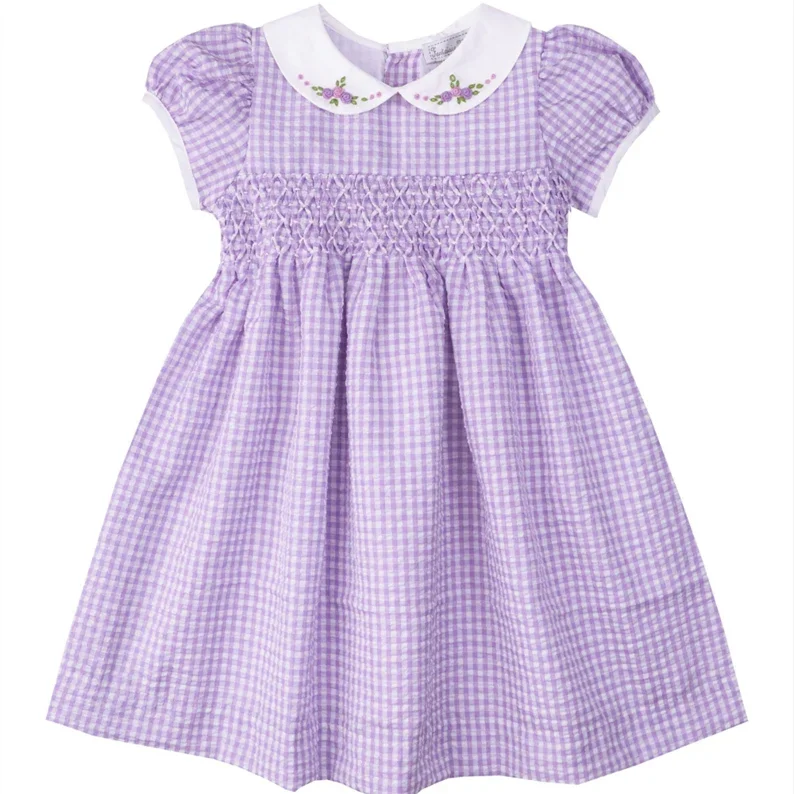 Custom Summer Purple Plaid Tattoo Flower Boho Cute 100% Cotton Natural Organic Casual Dresses Girls Dresses