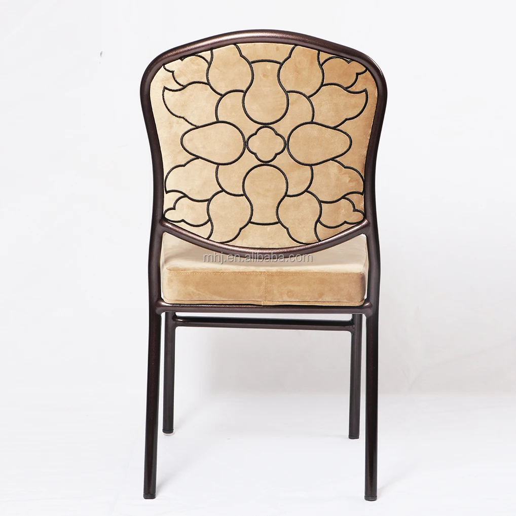 Golden velvet upholstered modern luxury aluminum gold restaurant hotel banquet chairs  with back flower design