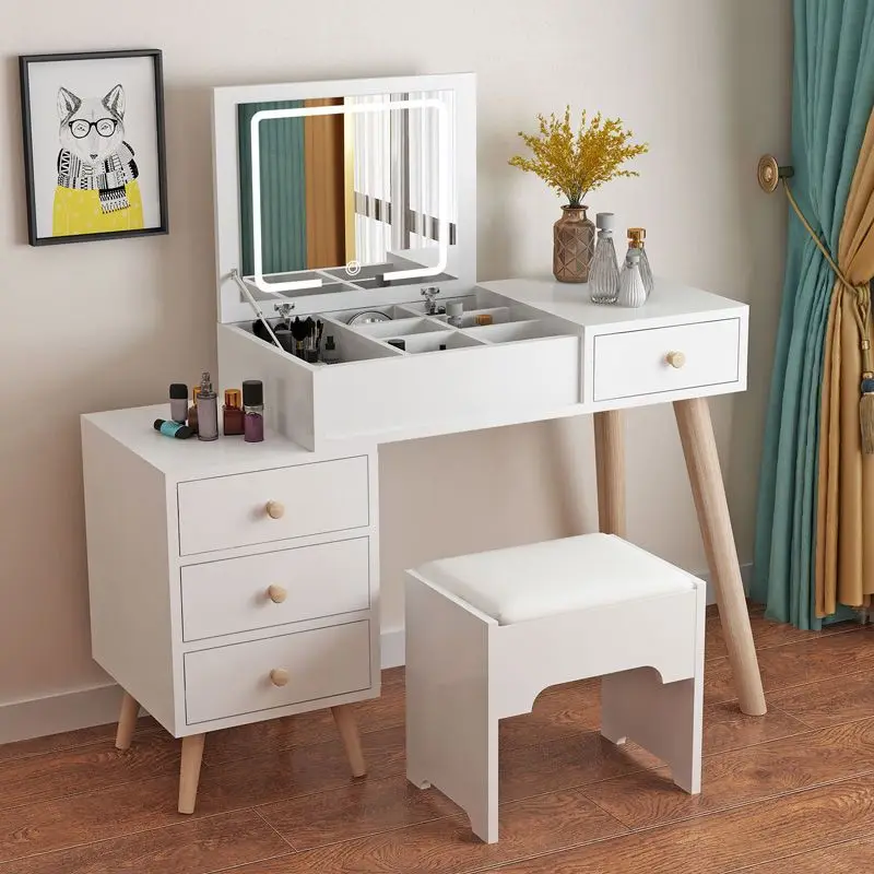 Nova Modern Solid Wood Makeup Vanity Desk With Led Lighted Mirror Bedroom Flip Top Mirror Dresser Table Furniture With Stool