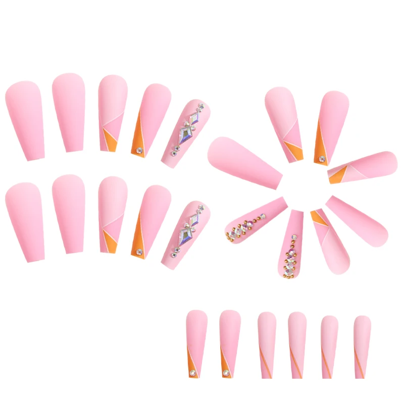 2022 Luxury Bling Pink High Quality Bulk False 3d Acrylic Design Wholesale Custom Press On Nails With Rhinestones and Box