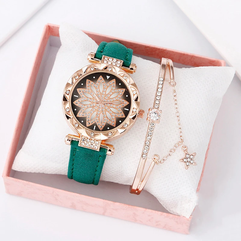 Hot Sale Women Ladies Fashion Star Leather Strap Quartz Wrist Bracelet Watches Gift Set