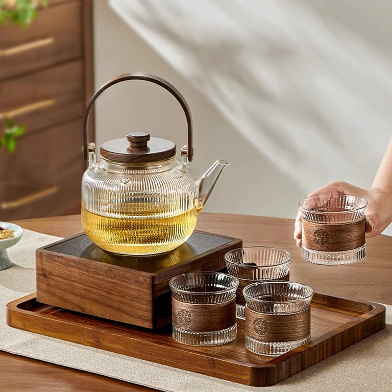 Striped Cylindrical Glass Teapot-for Coffee & Tea Sets